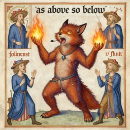 furry freaky creature sings a unique canto about'as above so below'being ignited by the spirit of haeckel and robert fludd, breakthrough is iminent, glory be to the magic within, style of grotesques from medieval illuminated manuscripts