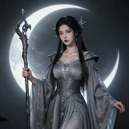photograph of a real-life beautiful elemental moon witch with ornate grey robes and staff.  Extremely detailed. 8k