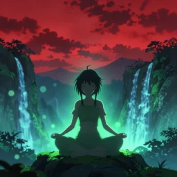 green blue isekai cyber neon japanese mountains, anime girl meditating void sky - red clouds, dark inky forest, waterfalls, low clouds rimlight bokeh pixiv # 1 ranking depth focus, chromatic aberration, noise, soft lighting, srgb, 4 k, cinematic rembrant kuvshinov ross tran craig mullins leyendecker wlop guweiz