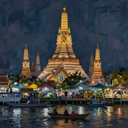 detailed painting of Thai river night market, Bangkok, gothic style, deep strokes, high quality