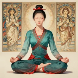 girl, asian, meditating in lotus position, teal and red suit, intricate, elegant, highly detailed, artstation, sharp focus, illustration, ruan jia, mandy jurgens, rutkowski, mucha