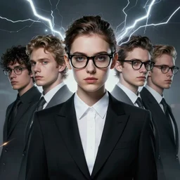 character concept, portrait, symmetrical head - on centralized, young woman with glasses and formal black suit. detailed, high quality, dynamic lightning, fantasy, scenematic. artwork by artgerm, wlop, alex ross, greg rutknowski, alphonse mucha