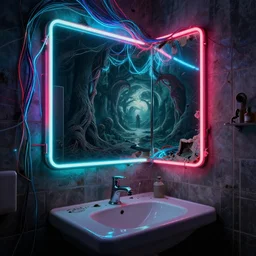 A bathroom, mirror, neon, RGB, glowing wires everywhere, decay, by Edgar Maxence and Ross Tran, Zdzisław Beksiński, and Michael Whelan, distant, gustav dore, H.R. Giger, 8k, octane render