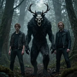 style artgerm, joshua middleton, steve niles, gerald brom, scary wendigo with antlers and skull face mixed with werewolf, in the forest, detailed, dark and foggy, cinematic lighting