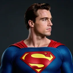 a profile shot of Arnold Shvarzenegger as Superman, DC Comics, 8k, hyperrealism, cinematic lighting, Canon EOS R3, f/1.4, ISO 200, 1/160s, 8K, RAW, unedited, symmetrical balance, in-frame