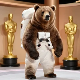 giant very realistic grizzly in spacesut at the oscars ceremony, stock photo, kodachrome, very low angle