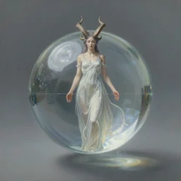 ultra realist soft painting of a centered floating transparent glass sphere, beautiful horned female in long curvy dress background by Tom Bagshaw, reflection and refraction, symmetry accurate features, very intricate details, deep fog, , artstation