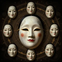 an occult diagram of the geisha's mask by wayne barlowe, by gustav moreau, by goward, by gaston bussiere, by roberto ferri, by santiago caruso, by luis ricardo falero, by austin osman spare, ( ( ( ( occult art ) ) ) ) saturno butto
