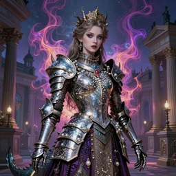 Gothic princess girl in dragon armor on a neoclassical city. By (Rembrandt painting(100)(fractal flame)), psychedelic, mech, pearlized, highly detailded