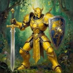 full body, attack position abstract painting in lush fantasy environment of a ornate holy mechanical warforged with circular glowing eye, character in yellow armor holding a legendary paladin engraved holy great longsword and carrying a huge heavy paladin shield, face in focus, epic , trending on ArtStation, masterpiece, cinematic lighting, by Ross Tran, by Delphin Enjolras, by Ruan Jia, by Greg Rutkowski