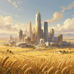 Panorama of a beautiful ultra futuristic city surrounded by wheat fields to the horizon, digital painting, golden hour, cinematic, illustration