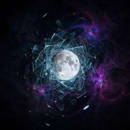 flying broken glass shards, outer space neon nebulas, moon, irregular, non-symmetrical fractals, fisheye lens, distortion, motion blur