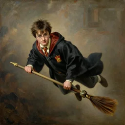 a beautiful painting of harry potter flying on a broom by Philipp Otto Runge, masterpiece, Extremely detailed