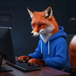 an anthropomorphic fox in a blue hoodie typing on a keyboard, dark tones, concept art, digital art, highly detailed