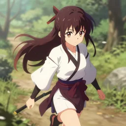 isekai cute anime girl samurai ronin vagabond ( aesthetic ). on a trail. in the style of gravity rush. beautiful lineart, depth focus, rankings pixiv, artstation, chromatic aberration, soft lighting, srgb, 4 k artstation, hdr, cinematic, motion blur, marmoset, blender 3 d, by ethan becker
