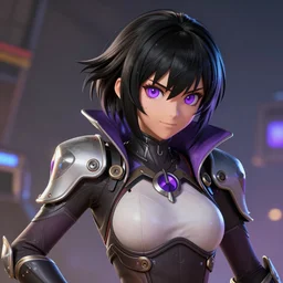 highly detailed, digital art, pixiv fanbox, trending on artstation, ray tracing, volumetric lighting, sharp focus, hq, overwatch style rogue pirate female character, short messy black hair with bangs and violet eyes, arcane, by artgerm, wlop, greg rutkowski, miyazaki hayao