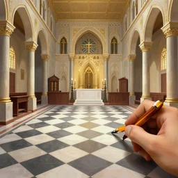 interior of a masonic temple with checkered floor, pencil, concept art, detailed, 4k, artstation