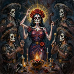 santa muerte being awakened by a mexican death cult through a ritual, by anton semenov and gustave dore and guillermo del torro in a surreal dark horror style, oil on canvas, 8k, hd,