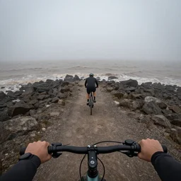 a scene from a fever dream!! In 1st person!! Bicycling on a rocky path entering the scary murky ocean!! Fog! Ultra realistic! 25mm f/1.7 ASPH Lens!