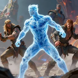 translucent realistic slim muscular ice armored suit superhero in battle, fantasy digital art, vivid color style artstation, style greg rutkowski and frank frazetta and mucha and richard corben, octane render, unreal engine 6, epic game graphics, fantasy, conceptual art, ray tracing