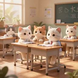 anthropomorphic cute kittens sitting at their desks on the first day of kindergarten, medium shot