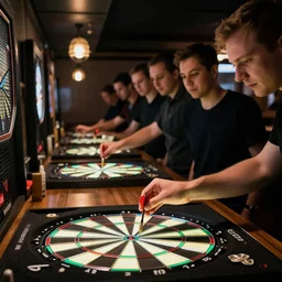 photo of people playing darts at a bar, highly detailed,