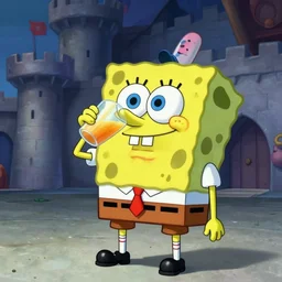 spongebob squarepants wearing sandals and a wrinkled tie drinking a glass of orange juice in a medieval castle, cinematic shot, award winning