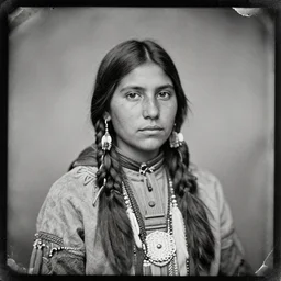 native american girl, old vintage photography, damaged photo, daguerreotype, ambrotype, black and white, archive, film artifacts, scratches, tears, hyperrealistic, ultra detailed