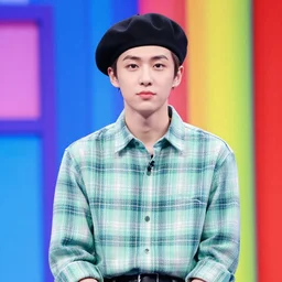 a thin guy with an overbite wearing a beret and a palid green plaid shirt on a quiz tv show, coloful, vibrant colors