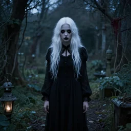 twilight folk horror scene with girl dressed in black with white hair. a garden that seems haunted