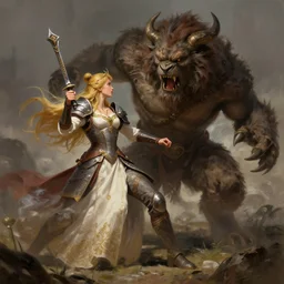a warrior defending the princess from a rampaging beast, by wlop!!! and rossdraws!!!, digital painting, concept art, trending on artstation, dramatic composition