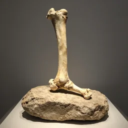 a full single femur growing out of a rock, slice, museum