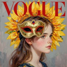 masquerade ball mask, korean emma watson, vogue magazine, elle magazine, greg rutkowski, john singer sargent, trending on artstation, anime, oil painting, side profile portrait, looking right, sunflower halo, intricate