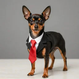 pinscher wearing a black tuxedo and a red tie