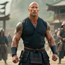 cinematic still of dwayne johnson as samurai