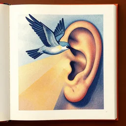 stipple shaded illustration a bird flying into a portal shaped like an ear, by ilya kuvshinov, anatomy book, retro flat colors, retrofuturism