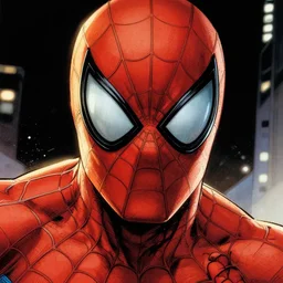 close up headshot of spider-man in the style of mcfarlane , comic book color drawing  by todd mcfarlane