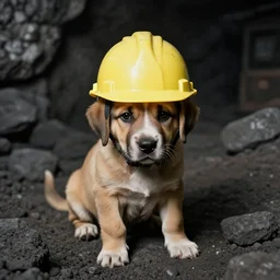 sad puppy wearing hard hat in dusty coal mine, photo from 1 9 9 8,