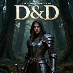 dramatic dark forest scenery, girl with fangs in hide leather armor, D&D book-cover
