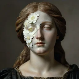 hyperrealism close - up mythological portrait of a medieval woman's shattered face partially made of white flowers in style of classicism, bronze skin, wearing black dress, dull palette