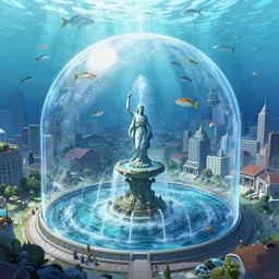A bustling beautiful city on the sea floor in a glass dome, anime, fountain, statue, underwater, rapture, fish flying over head, godrays, a fantasy digital painting by Greg Rutkowski and James Gurney, trending on Artstation, highly detailed