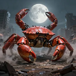a very big giant mechanical weapons battle armor crab in the middle of war - torn battlefield of a crumbling city, dim sky, very big moon, some smoke, artstation, concept art, smooth, sharp focus, vivid grunge, illustration, superior quality, very detailed, 8 k, cinematic lighting, octane render,, wide angle, by bilibin and kuvshinov and mal