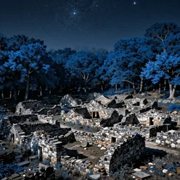 the ruins of a village made out of stone surrounded by a forest of blue trees, a night sky filled with stars