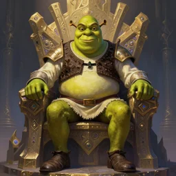 shrek as a lord of the nine realms, ancient mythology, fractal throne design, heavy armor, concept art, gorgeous digital painting masterpiece, by frank frazetta and yoji shinkawa