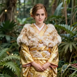 asian emma watson wearing golden furisode, full shot, jungle background, intricate, highly detailed, concept art, sharp focus, illustration, artgerm, ruan jia, jurgens, aleksi briclot, mucha