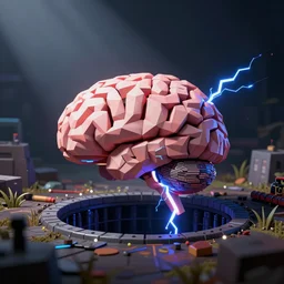 glitchy PS1 game, low poly brain in a sewer, bolts of electricity