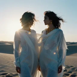 filmstill photography of two female body sulhouettes covered with curly white translucent blanket blowing in wind, acrylic liquid colors, luxurious supermodel photoshooting, golden jewelry, bokeh, godrays, strong wind, wrinkles, sunrays, sunset, lens flares, cold colors, sand dunes