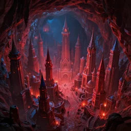 A highly detailed 4K fantasy matte painting of city in cave. ArtStation, CGSociety, Unreal Engine, concept art, red and blue color scheme