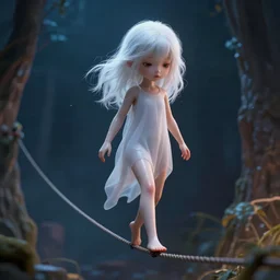 an epic cinematic portrait shot by a cute ghost girl walking on a tightrope, with loose white hair, shiny skin, a slender figure, small details. night environment. realistic poster with shaded lighting by craig mallism, artgerm, jeremy lipkin and michael garmash, unreal engine, radiant light, detailed and complex environment, digital art, trends at art station
