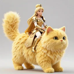 blonde warrior princess riding a large yellow furry house cat, high detail,